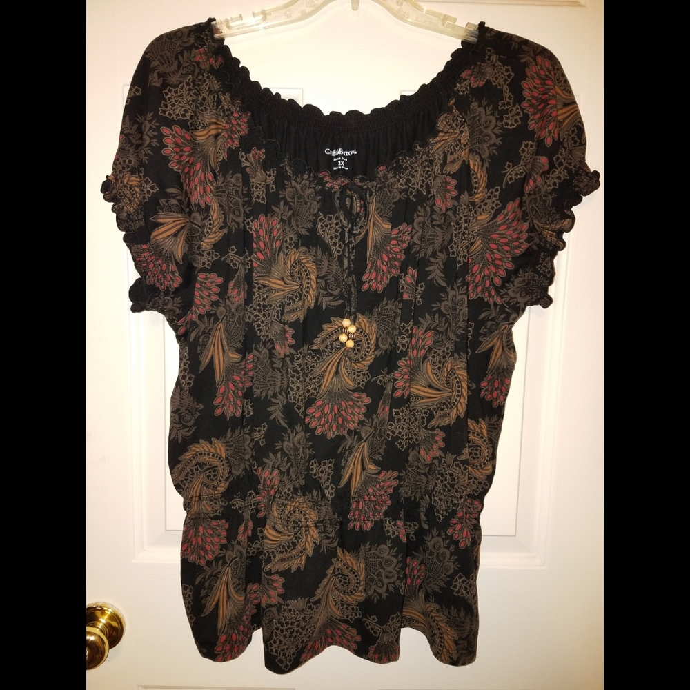 2X Croft & Barrow Short sleeve Peasant Pullover Top Blouse Shirt Black Tan Red